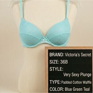Victoria's Secret Blue Green Teal VERY SEXY Padded Plunge Bra 36B Cotton VS